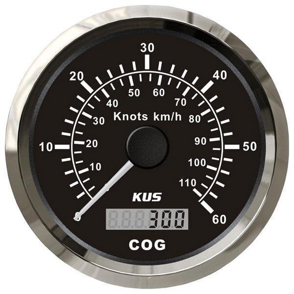 Velocímetro GPS KUS com indicador de velocidade e rumo de 0 a 60 nós / 110 km/h - preto